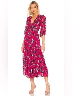 Tanya Taylor Dulce Silk Rayon Hot Pink Floral Tiered Ruffle Midi Dress Sz 6